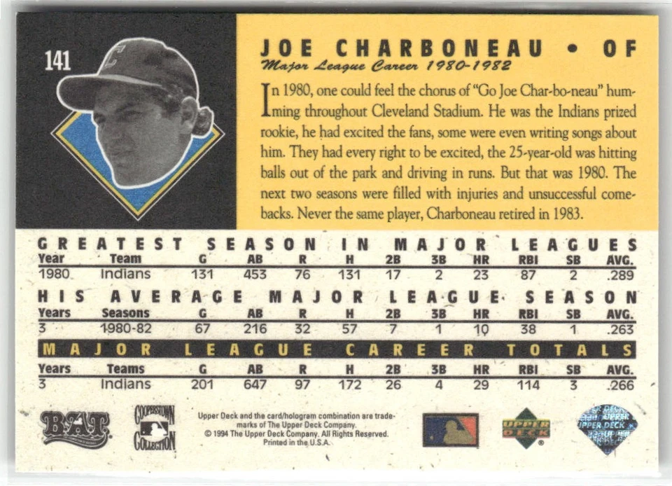 1994 UPPER DECK ALL-TIME HEROES #141 JOE CHARBONEAU CLEVELAND INDIANS - Image 2 of 2