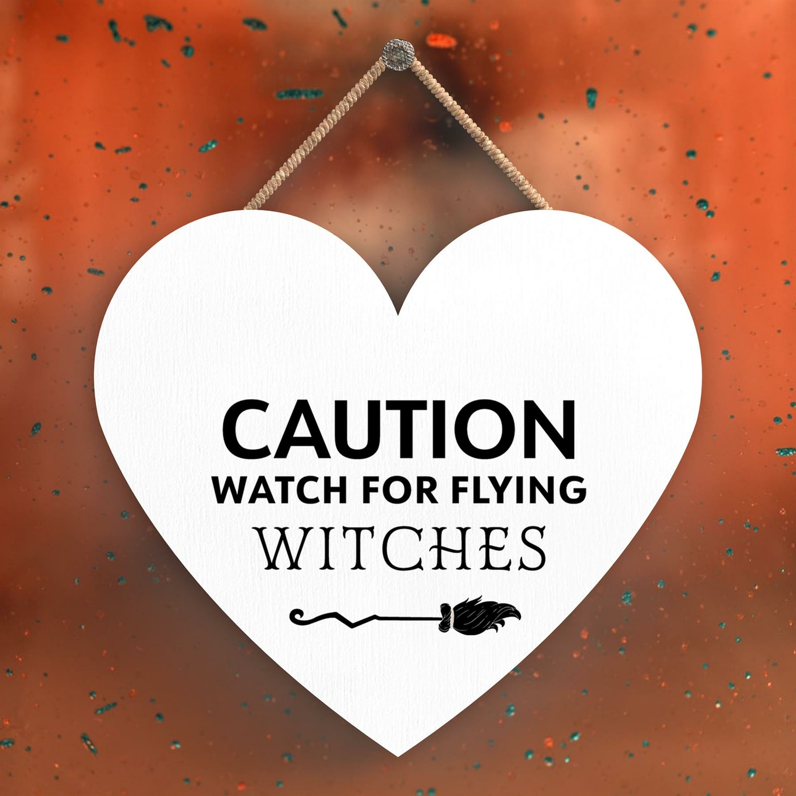 CAUTION FLYING WITCHES HEART SHAPED WITCHCRAFT THEMED HALLOWEEN WOODEN PLAQUE