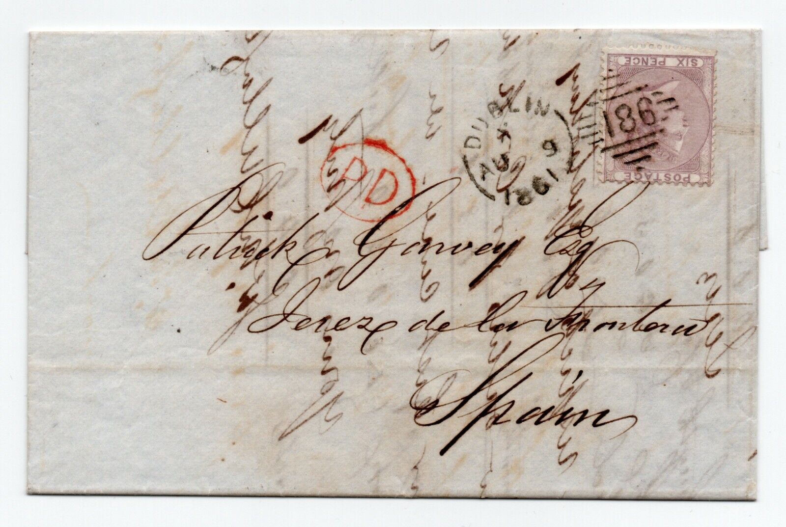 1861 Letter sheet to Spain with Sg 18 Kansas City Mall Lilac Dublin Irish 6d Denver Mall - 70