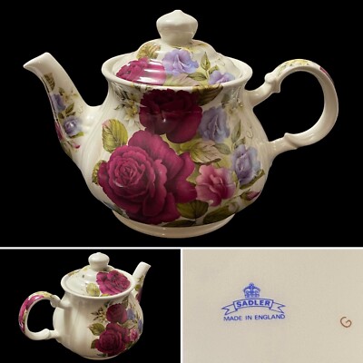 Vintage SADLER Porcelain Dark Red Rose Floral Teapot MADE IN ENGLAND