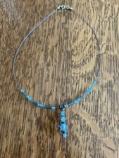 Girl's necklace 16" blue and silver plate beads with beaded drop