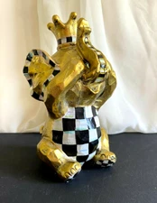 Elephant See No Evil  Black/WHITE CHECK, Resin Gold 8"H NEW