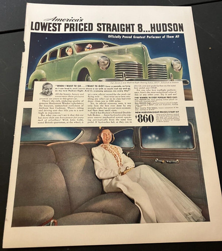 Green 1940 Hudson Eight Touring Sedan - Vintage Original Print Ad / Wall Art