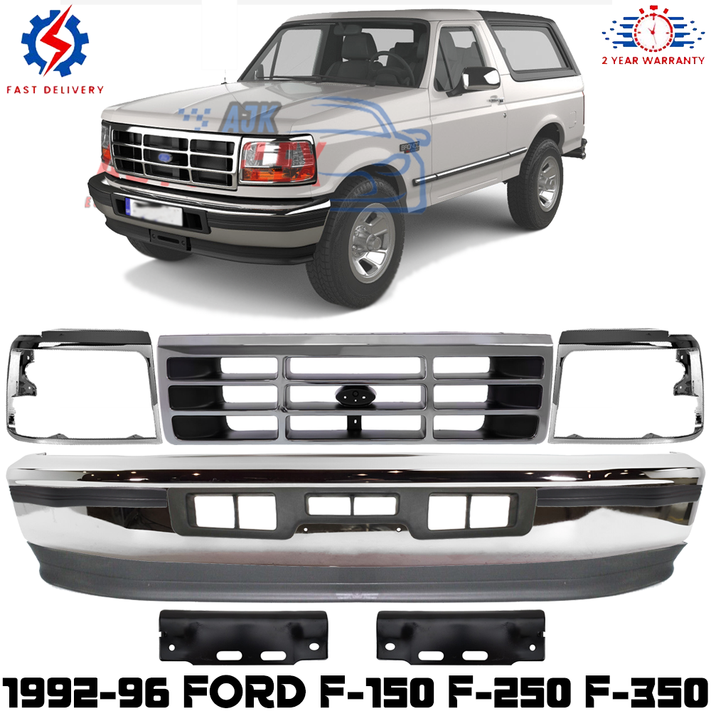 Front Bumper Chrome & Grille Assembly Kit For 1992-1996 Ford F-150 F-250 F-350