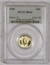 1936 Mercury Dime Silver Coin from the Philadelphia Mint, Graded MS66 by PCGS