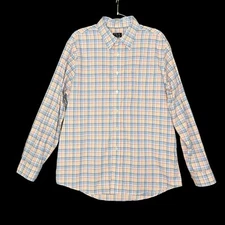 Jos A Bank Men's Plaid Dress Shirt L Tailored Fit 100% Cotton Blue Orange