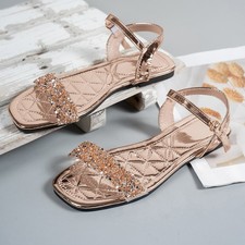 Women's Rhinestone Embellished Metallic Flat Sandals Adjustable Ankle Buckle