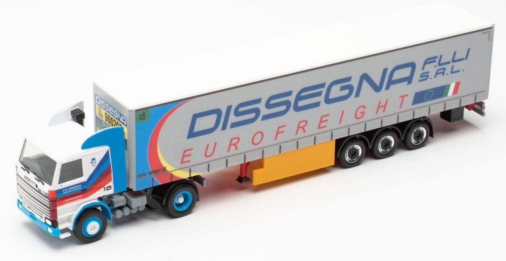 Scania 142 4x2 Dissegna Herpa 1/87 : Camion miniature de collection avec remorque bâchée
