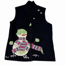 Vtg Coldwater Creek Snowman Holiday Christmas Zip Vest Womens Medium Wool Black
