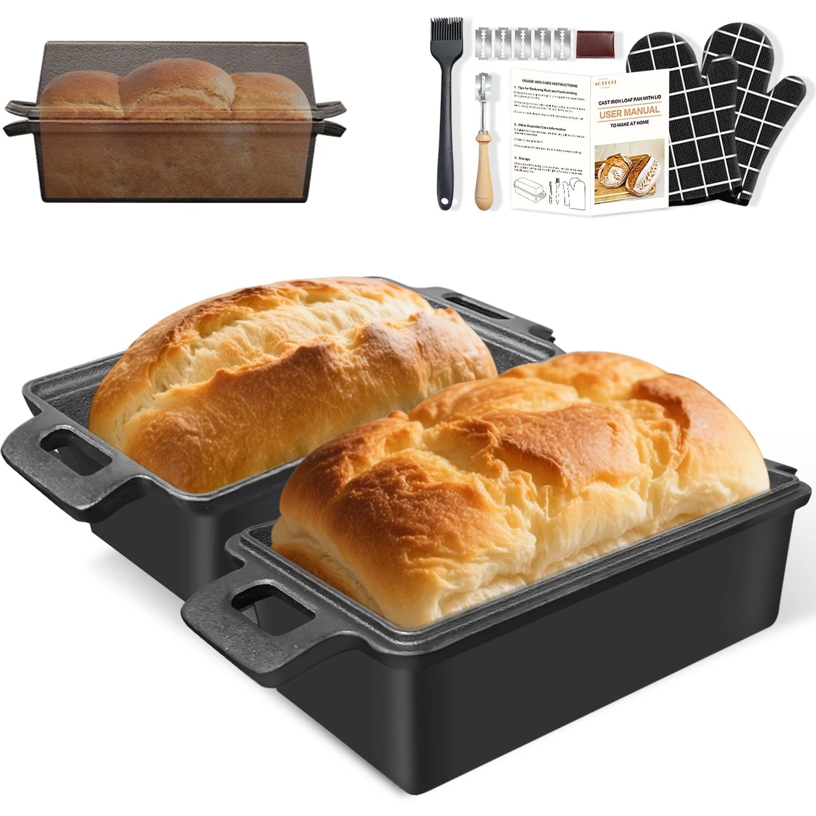 Cast Iron Bread Loaf Pan with Lid 9x5 Inch,2 in 1 Bread Pands Even Heat Bread...