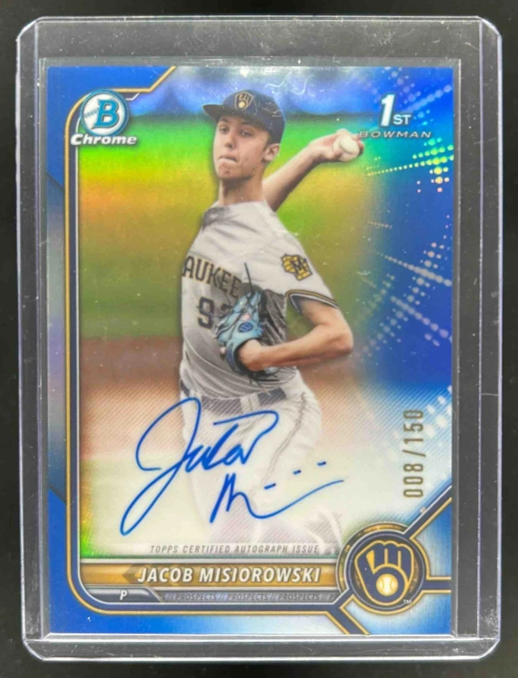 2022 Bowman Draft Jacob Misiorowski Chrome Auto Blue Refractor 1st #/150 Brewers