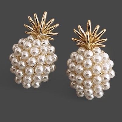 Dainty Gold Pineapple Stud Earrings with Pearl Details   