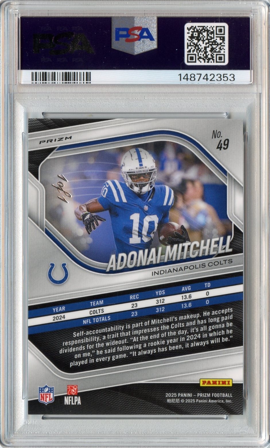ADONAI MITCHELL 2025 PANINI PRIZM BLACK FINITE PRIZM #'D 1/1 #49 PSA 10 GEM JETS view 2