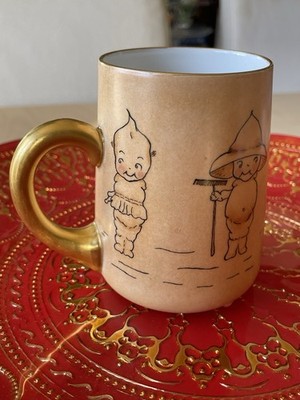 Original Kewpie Doll Characters Coffee Cup 8fl oz Mug Gold Handle Tan Porcelain