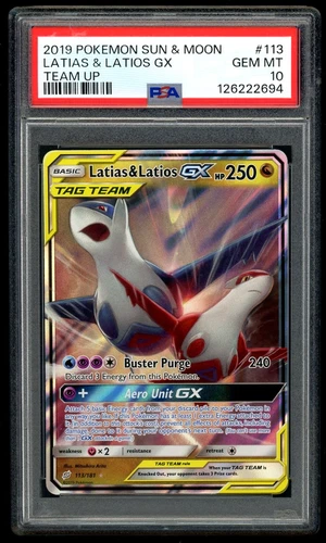 2019 POKEMON LATIAS & LATIOS GX TEAM UP SUN & MOON TEAM UP #113 PSA 10