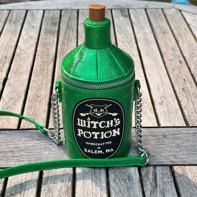 Witchs Potion Green Glitter Bottle Crossbody Purse Salem MA Halloween Bag