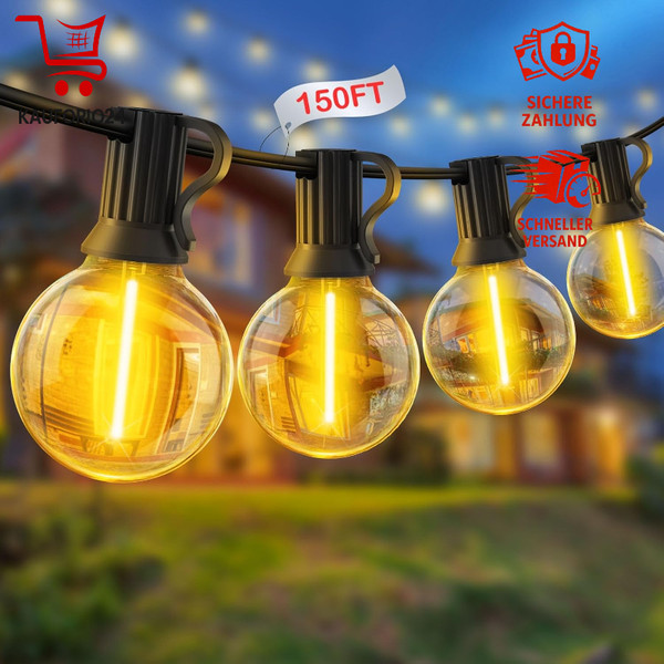 LED Lichterkette AußEn 45M 150FT Wetterfest Mit 62 G40 GlüHbirnen FüR Garten-image