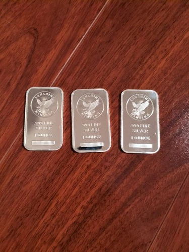 Lot of 3 - 1 Troy oz Sunshine Minting .999 Fine Silver Bars Mint Mark SI