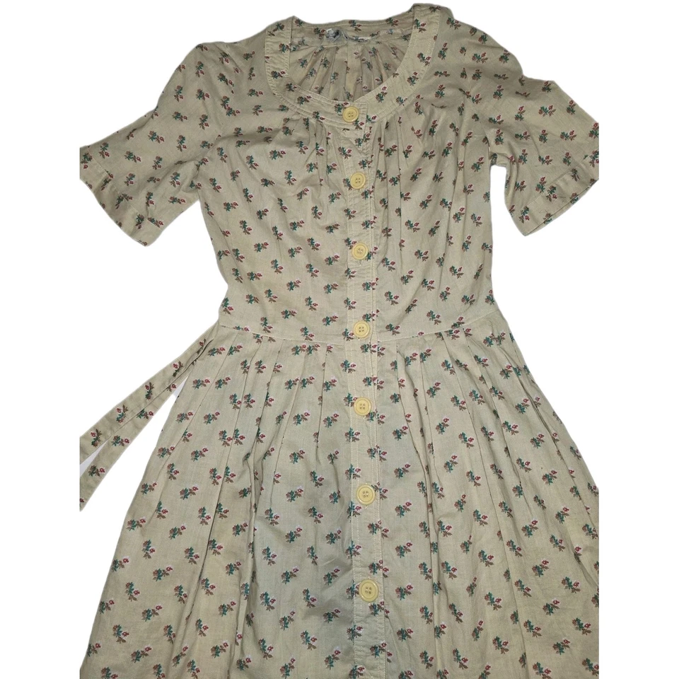 VTG 1950s Day Dress fitted bodice full skirt button front cinch waist Floral  - Image 2 of 4