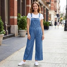 Unbranded Womens Wide Leg Overalls Size Large Blue Chambray Dungarees Boho Farm