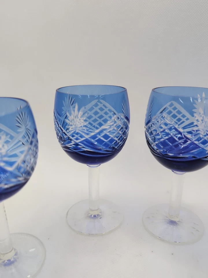 Set Of 4 Vintage Cobalt Blue Cut To Clear Glass Crystal liqueur Shot glasses - Image 2 of 4
