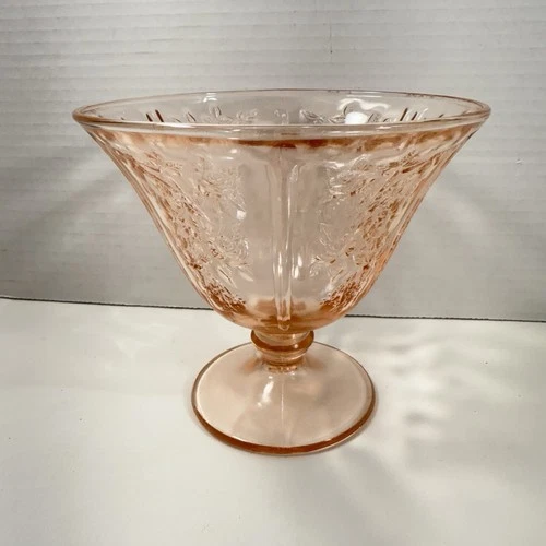 Candy Dish: Pink Depression Glass Footed Sharon Cabbage Rose Federal Glass