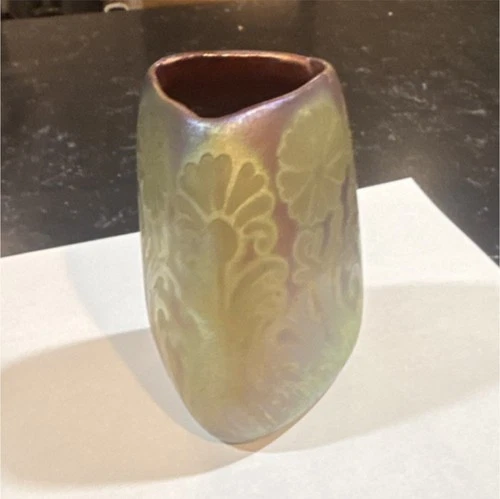 Weller Sicard Iridescent Art Pottery Vase.Triangular Shape Gold Brown Multicolor