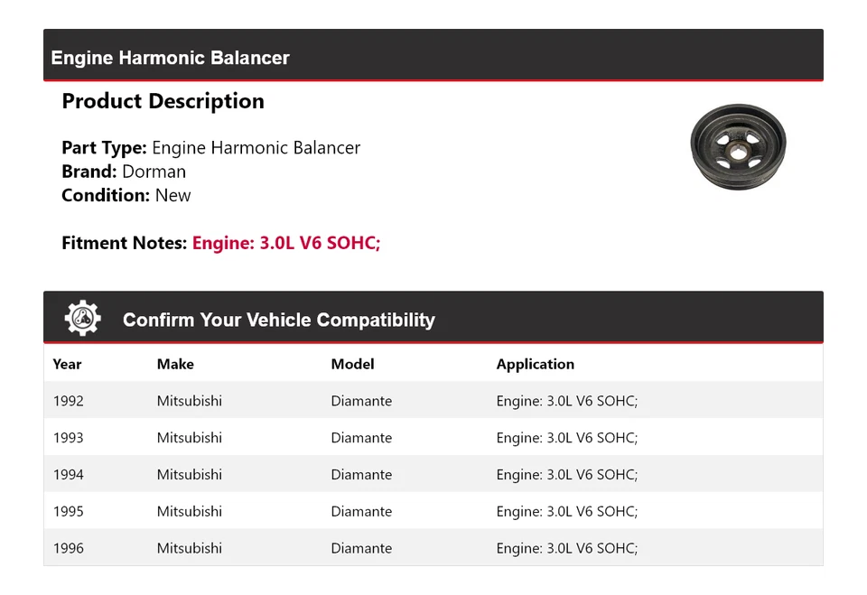 For 1992-1996 Mitsubishi Diamante 3.0L V6 SOHC Dorman Engine Harmonic Balancer - Image 2 of 4