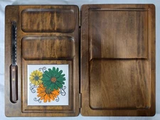 Folding Cheese Board & Snack Tray Mahogany & Tile Flower Power 1960s-1970s MCM