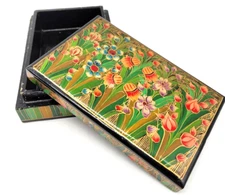Vtg Kashmir Lacquer Floral Hand Painted Paper Mache Trinket Jewelry Box India