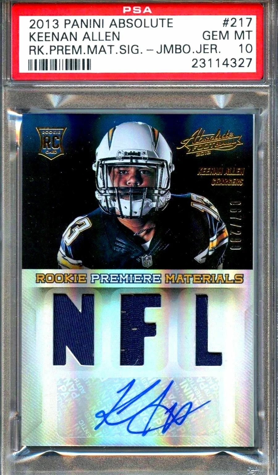 Keenan Allen Panini Absolute #217 Rookie Premiere Materials Signature Jumbo Jersey Number