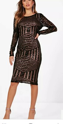 Boohoo Black Ladies Sequin And Mesh Midi bodycon Dress Size 12