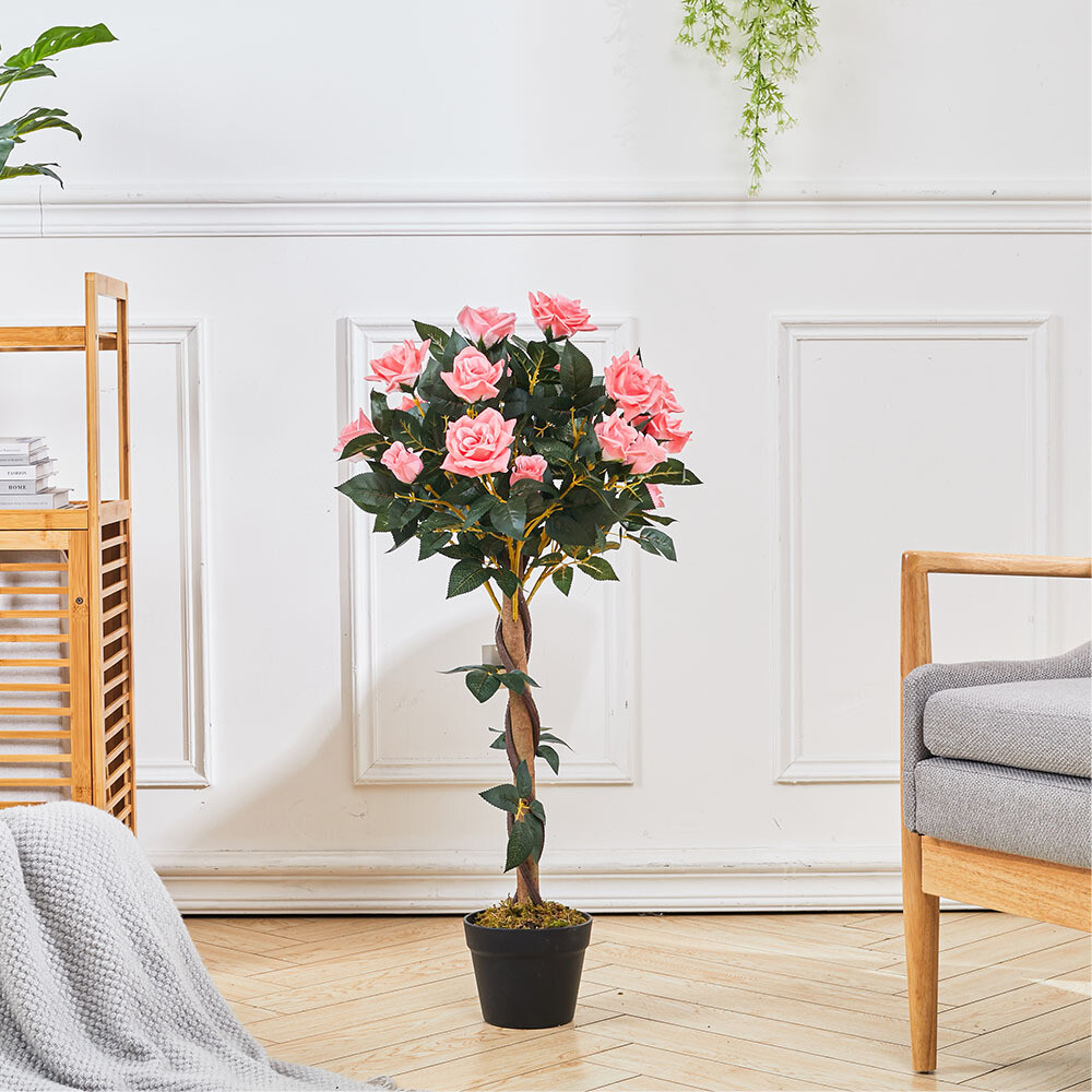 Artificial Rose Bush Tree Potted Plant Pink Faux Flowers Home Garden