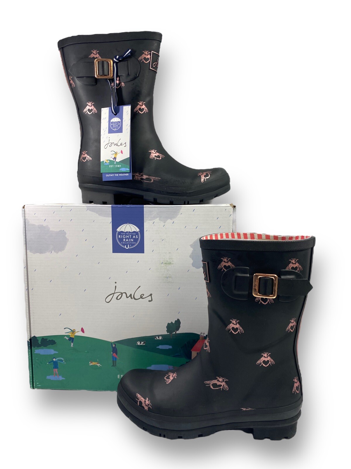 NWT Joules Rain Boots Molly Welly Mid Rain Boots Black Honey Bees Rose 🐝 Size 7 image 3