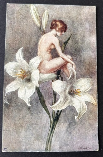 Vintage Glamor Postcard ~ Nude Woman Amid Lily Blossoms ~ A/S