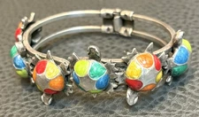 Vintage Turtle Bracelet Silver Tone Green Red Orange Colorful Enamel Turtles