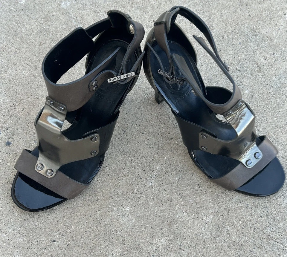 ZAPATOS TORY BURCH TACÓN ALTO CUERO Metálico Teagan Gladiador TALLA 6 Foto 2 de 4