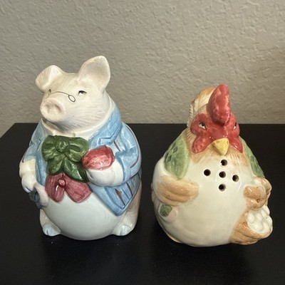 Fitz & Floyd Pig & Hen Salt & Pepper Shakers Set 1987 Bacon & Eggs