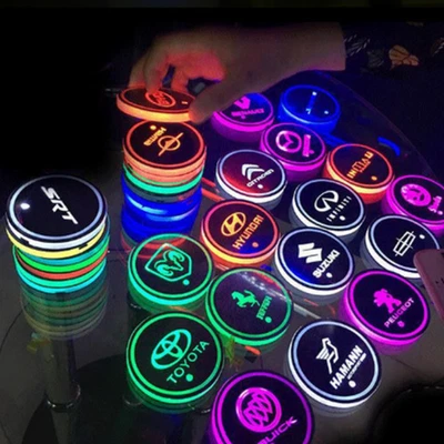 2X RGB Car LED Cup Holder Light Mat Pad Drink Coaster Car Interior Accessories