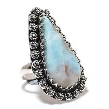 925 Sterling Silver Republic Larimar Gemstone Handmade Jewelry Ring Size 7 N564