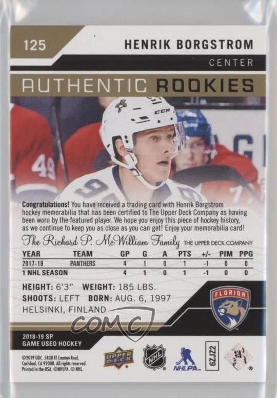 2018 SP Game Used Gold Spectrum Premium Material /49 Henrik Borgstrom Rookie RC - Image 2 of 2