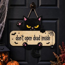 Halloween Door Hanger, Vintage Halloween Decor Outdoor, Black Cat Decor