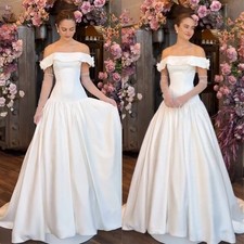 A-line Simple Satin Wedding Dresses Off Shoulder Sleeveless Bridal Dress