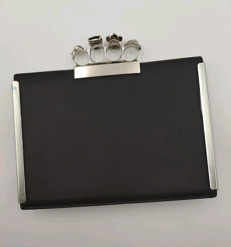 Black Leather Jeweled Skull Knuckle Clutch - Image 2 of 4