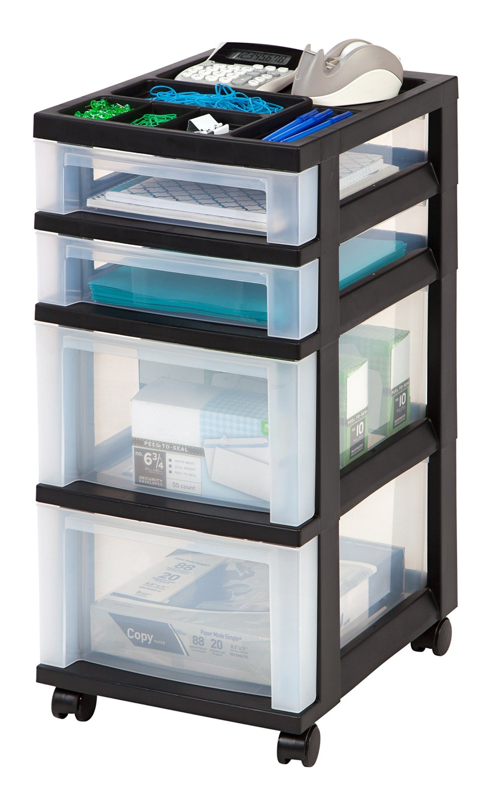 IRIS USA MC Plastic Storage Drawer Rolling Cart With Organizer Top 4 Black