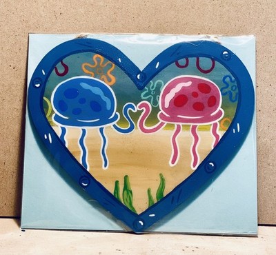 Jellyfish Fields Inspired Heart Wood Magnet Cartoon Sponge Couple Hand Painted