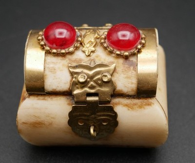 Vintage Camel Bone and Brass Small Trinket Treasure Chest with Owl Shaped Clasp