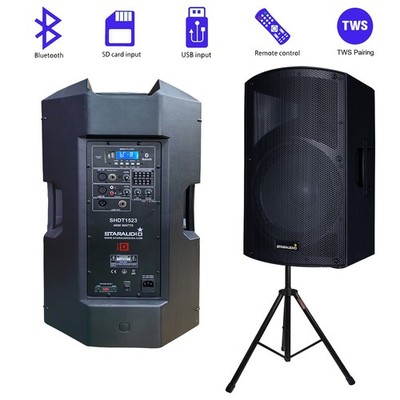STARAUDIO 15'' Powered TWS PA Speaker W/DJ Speaker Stand Height Tripod Universal