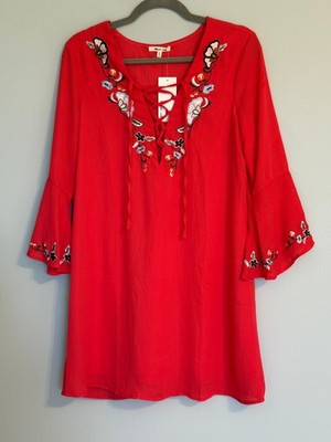 BLEUH CIEL WOMEN'S TOP / TUNIC SIZE:S RED EMBROIDERED LONG SLEEVE ROUND TIE-NECK
