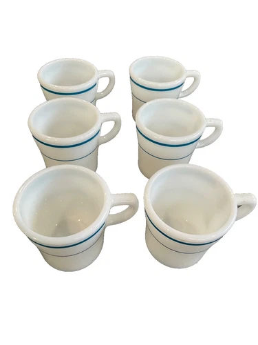 vintage pyrex coffee cup white milkglass diner cafe mugs set Mcm retro blue 709